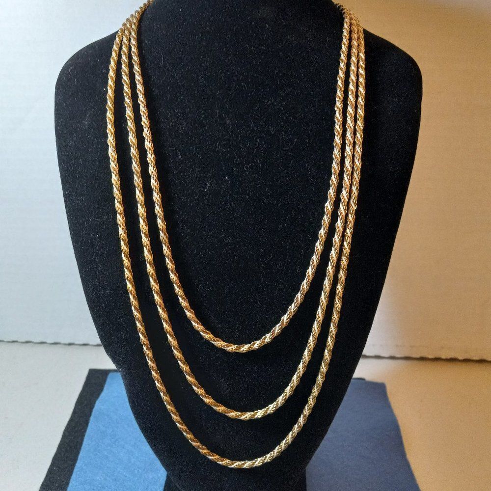 Vintage Gold & Silver Tone Three Strand Necklace Classic Twisted Chains Chic